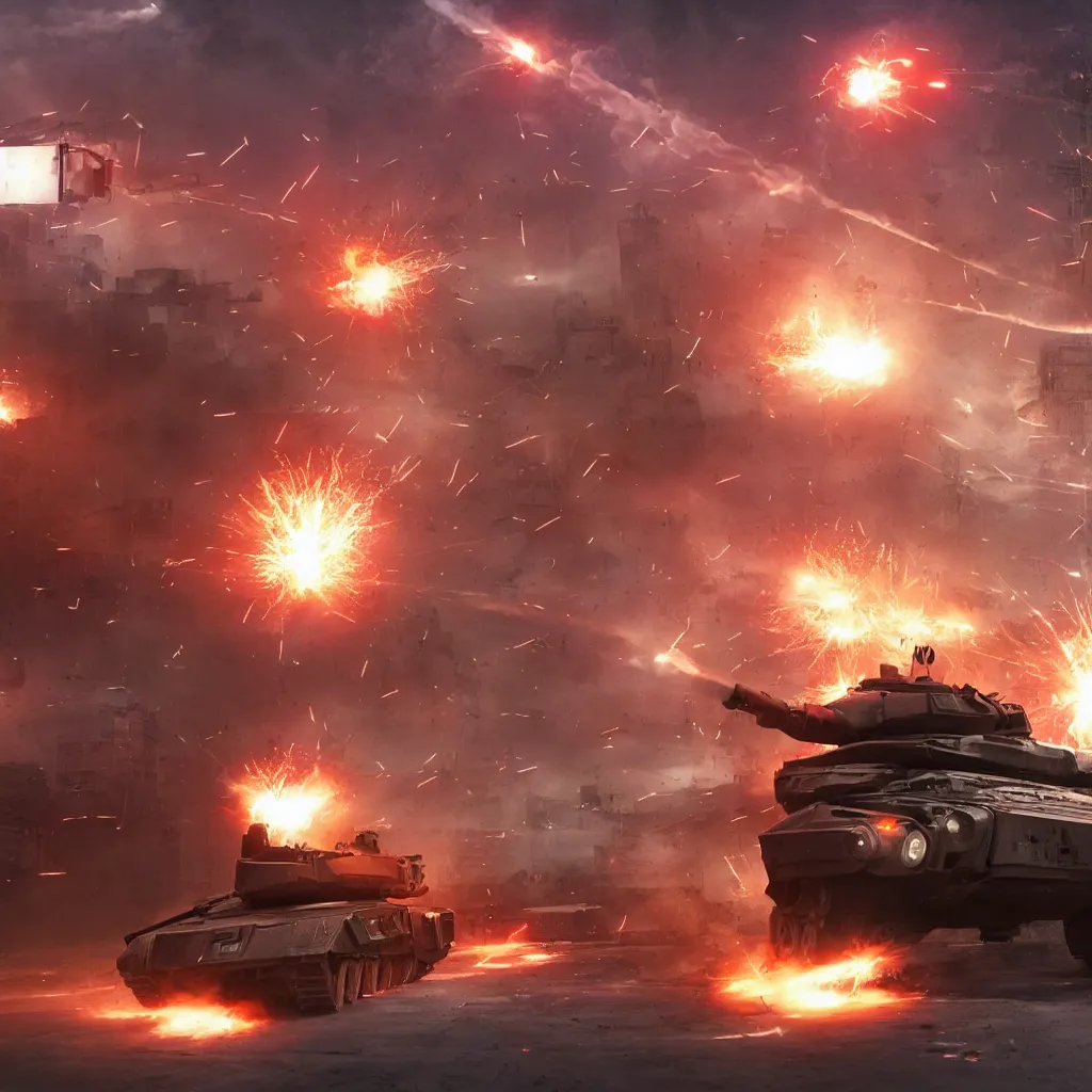 Prompt: a single futuristic tank shooting at the building, red fiery explosions, detailed, movie scene, cinematic lights, 3 d photorealistic