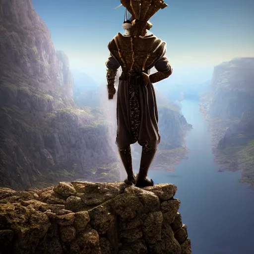 Image similar to full - body pose of a medieval jester standing on a cliff looking out over a vast valley, hyper detailed, bioluminescent, background fortress, digital art, golden, trending in artstation, cinematic lighting, studio quality, smooth render, unreal engine 5 rendered, octane rendered, by karol bak and greg rutkowski, giger, maxim verehin