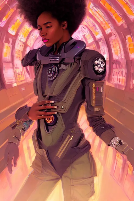 Prompt: portrait futuristic beautiful african Airforce armored pilot Girl, Afro hair, at inside of future fighter aircraft, ssci-fi, fantasy, intricate, very very beautiful, elegant, human anatomy, neon light, highly detailed, digital painting, artstation, concept art, soft light, smooth, sharp focus, illustration, art by tian zi and WLOP and alphonse mucha