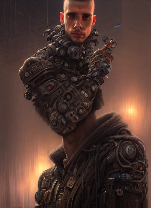 Prompt: portrait shot of a cyberpunk male in a scenic dystopian environment, intricate, elegant, highly detailed, centered, digital painting, artstation, concept art, smooth, sharp focus, illustration, artgerm, tomasz alen kopera, peter mohrbacher, donato giancola, joseph christian leyendecker, wlop, boris vallejo