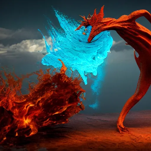 Image similar to A creature made of water and fire, dynamics and flows, meets a creature made of earth and air, in a clash of elements, 8k render, maya and zbrush, by Andrei Riabovitchev