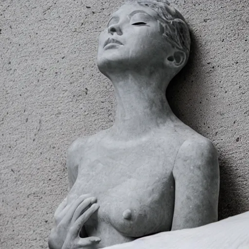 Image similar to a lady made out of stone and metal sits on a bed, full body, 5 0 mm lens, f 1. 4, sharp focus, ethereal, emotionally evoking, head in focus, volumetric lighting, 8 k