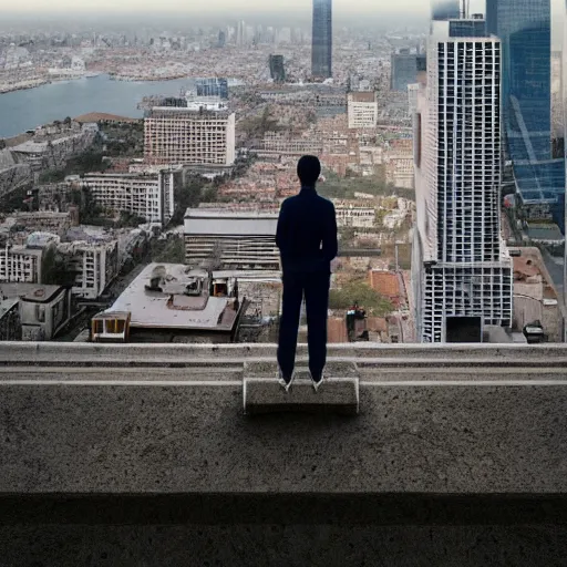 Image similar to a person standing on top of a tall building, a stock photo by Thomas Struth, shutterstock contest winner, superflat, national geographic photo, hyper realism, behance hd -1024