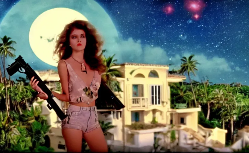 Prompt: 1 9 8 6 vintage movie screencap of a girl with a gun on a mediterranean mansion, gucci clothes, night sky, beach and tropical vegetation on the background major arcana sky and occult symbols, extremely ultra high quality photo 8 k