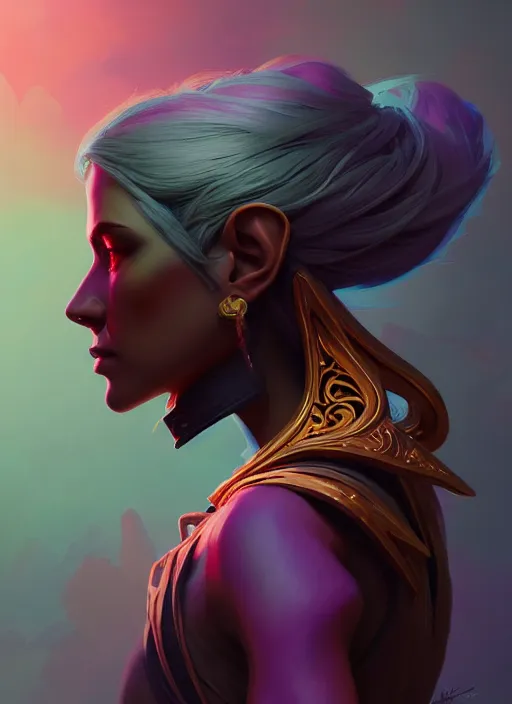 Prompt: side profile centered painted portrait, dark elf, d & d, gloomhaven, matte painting concept art, art nouveau, beautifully backlit, swirly vibrant color lines, fantastically gaudy, aesthetic octane render, 8 k hd resolution, by ilya kuvshinov and cushart krentz and gilleard james