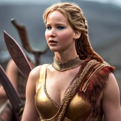 Image similar to first photos of 2 0 2 4 female 3 0 0 remake - jennifer lawrence as leonidas, ( eos 5 ds r, iso 1 0 0, f / 8, 1 / 1 2 5, 8 4 mm, postprocessed, crisp face, facial features )