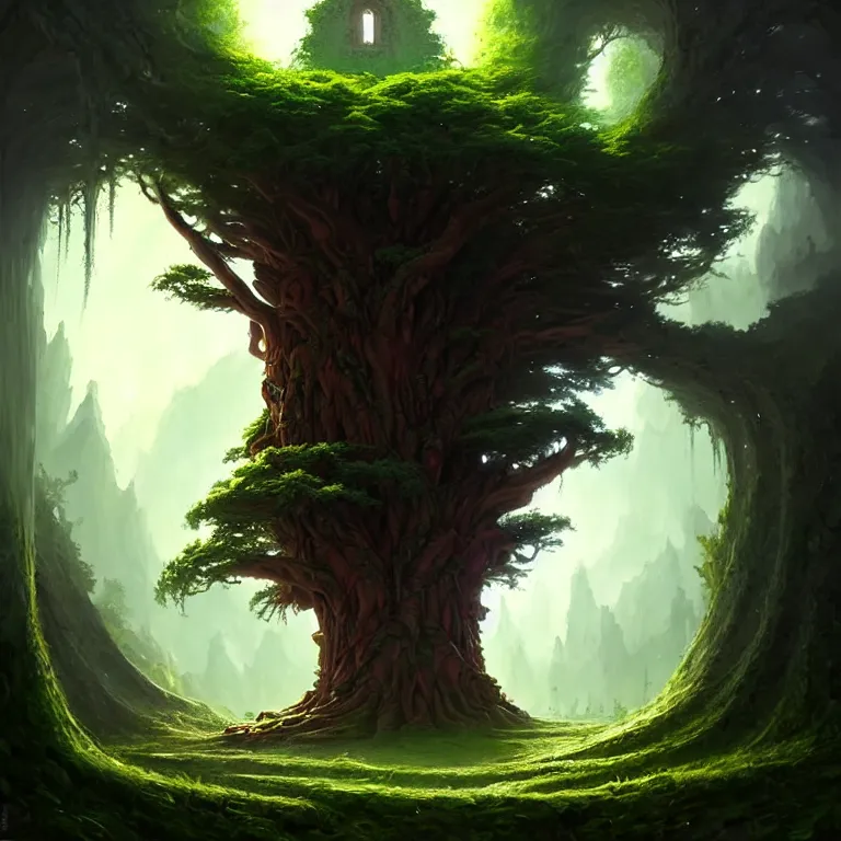 Image similar to a beautiful giant tree growing in the middle of an mysterious giant door carved with symbols, a door is embedded in the tree. godray on plants, fantasy digital art, fantasy style art, fantasy hearthstone art style, fantasy game art by greg rutkowski, darksouls concept art