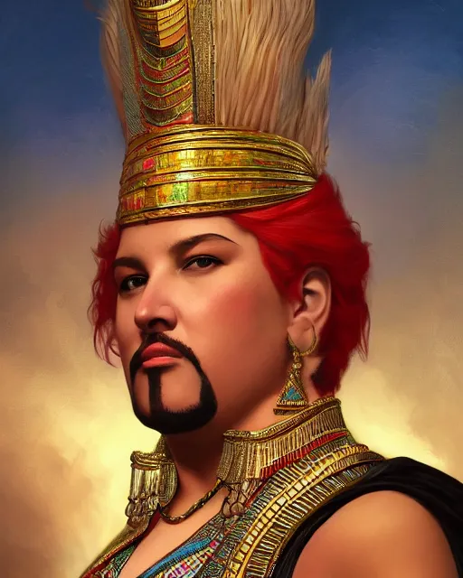 Prompt: Guy Fieri as a beautiful egyptian princess, gorgeous, portrait, powerful, intricate, beautiful, masterpiece, elegant, volumetric lighting, digital painting, highly detailed, artstation, sharp focus, illustration, William-Adolphe Bouguereau, Hajime sorayama, ruan jia