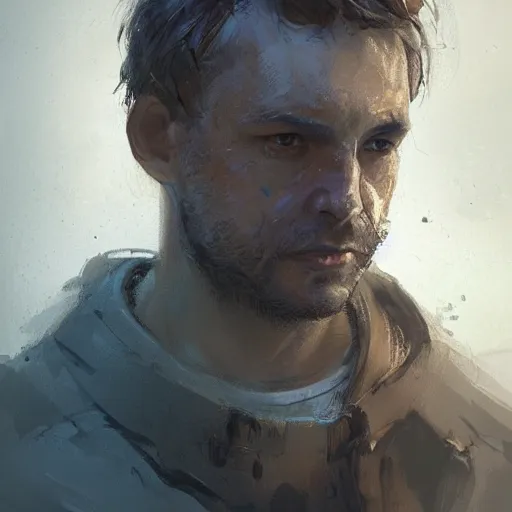 Prompt: Portrait of a man by Greg Rutkowski, he is about 30 years old, Nordic and Hebrew factions, messy brown short hair, strong, tired expression, father figure image, he is wearing a aegean blue utilitarian jumpsuit, highly detailed portrait, scifi, digital painting, artstation, concept art, smooth, sharp foccus ilustration, Artstation HQ.