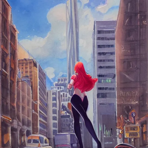 Prompt: woman, city, looking down, street top view, by rossdraws, adrian wilkins, enoch bolles