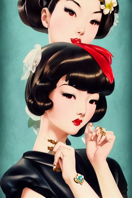 Image similar to a vintage pin up and beautiful fashion dreamlke japan girl with lv jewelry, character art, art by artgerm and wlop and and ilya kuvshinov, hyperdetailed, 8 k realistic, symmetrical,, frostbite 3 engine, cryengine, dof, trending on artstation, digital art, chanel, dior, fantasy background