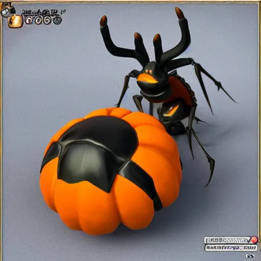 Image similar to A pokemon that looks like a stag beetle,body like a pumpkin，Trending on art station. Unreal engine.