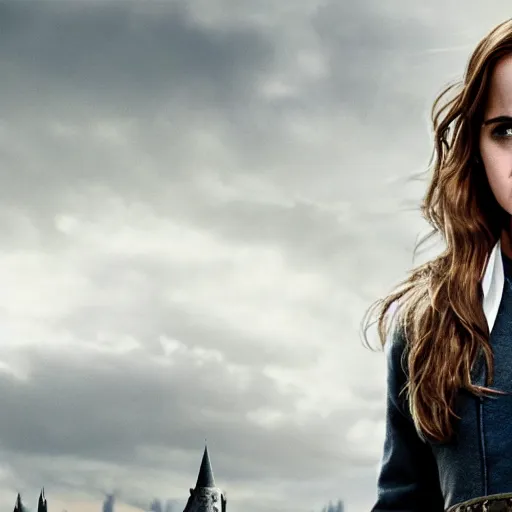 Image similar to Photo of Emma Watson as Hermione Granger on top of a tank in Hogwarts, establishing shot