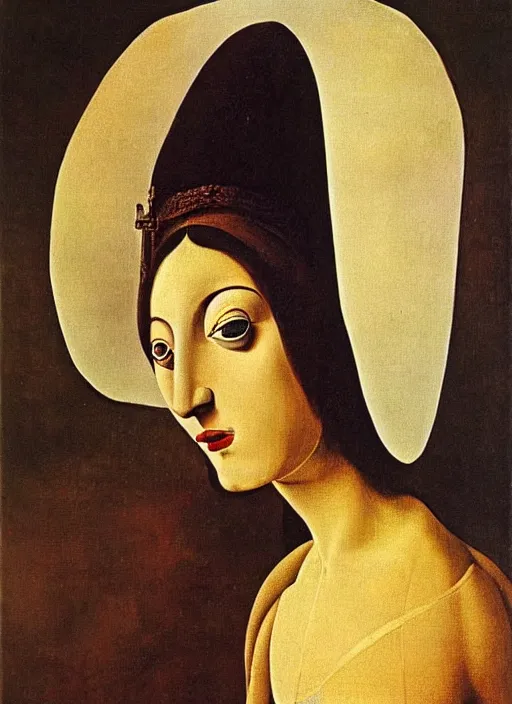 Image similar to portrait of young woman in renaissance dress and renaissance headdress, art by salvador dali