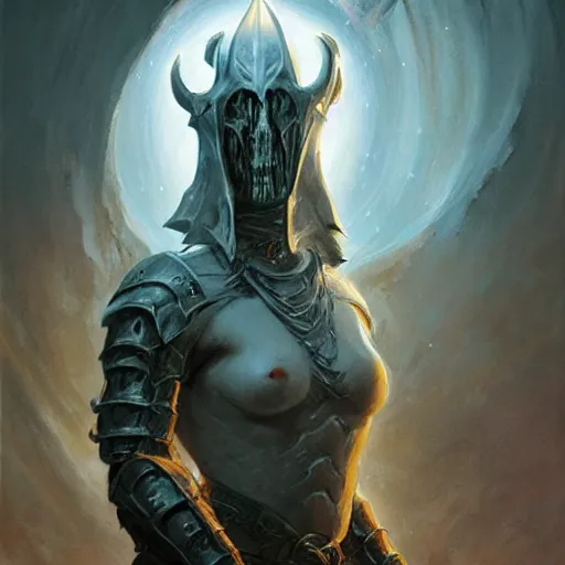 Image similar to head and shoulders portrait of a spectral wraith paladin, d & d, fantasy, greg rutkowski, frank frazetta, alexandre chaudret, boris vallejo, michael whelan, miro petrov, hr giger, magali villeneuve, donato giancola