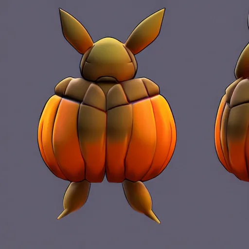 Prompt: A pokemon that looks like a beetle,The body is a large pumpkin,Trending on art station. Unreal engine.