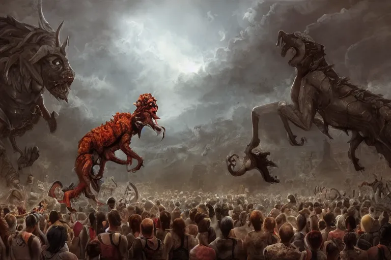 Image similar to a chimera being praised by a horde of people in a village, digital painting, mixed media, trending on artstation and deviantart, epic composition, highly detailed, 8 k