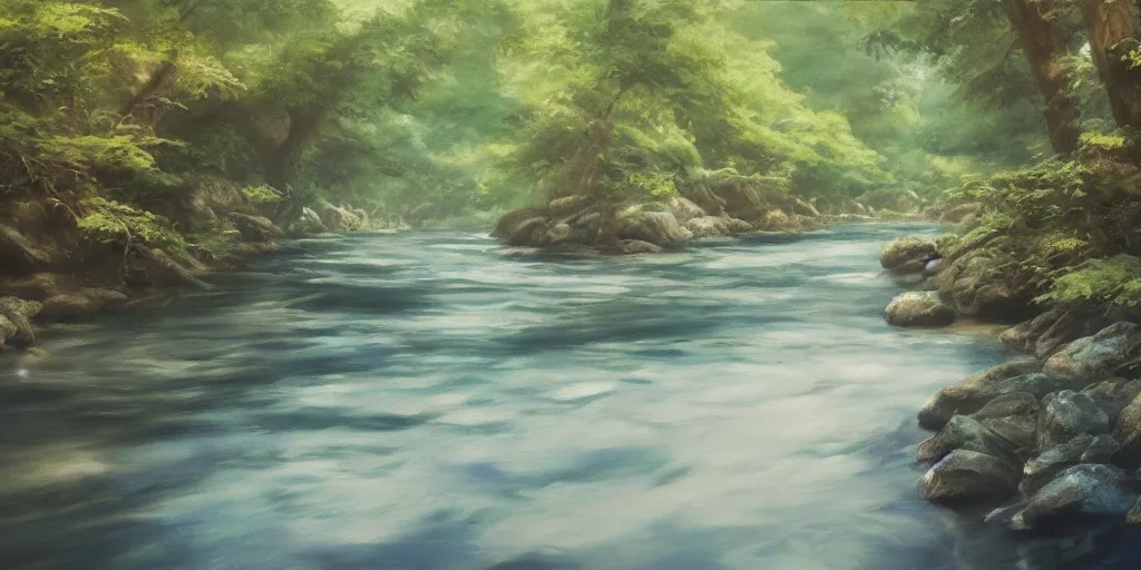 Image similar to a river, cinematic angle, studio Ghibli, cinematic lighting, detailed oil painting, hyperrealistic, 8k