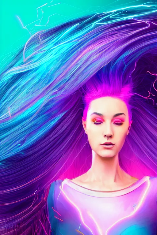 Image similar to a award winning half body portrait of a beautiful woman in a croptop and cargo pants with ombre purple pink teal hairstyle with head in motion and hair flying, surrounded by whirling illuminated lines, outrun, vaporware, shaded flat illustration, digital art, trending on artstation, highly detailed, fine detail, intricate