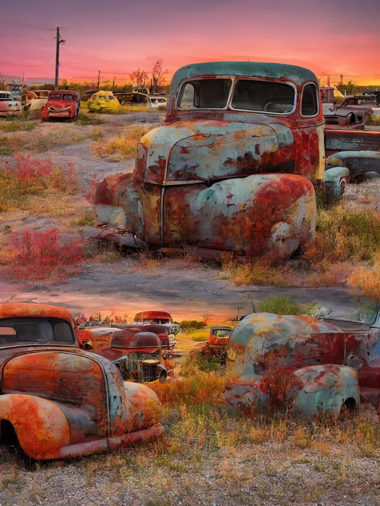 Image similar to A beautiful colorful evening scene of route66 with abandoned gas station and rusty old pickup truck :: hyper realistic