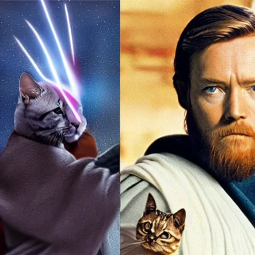 Prompt: obi wan kenobi next to a cat with his head