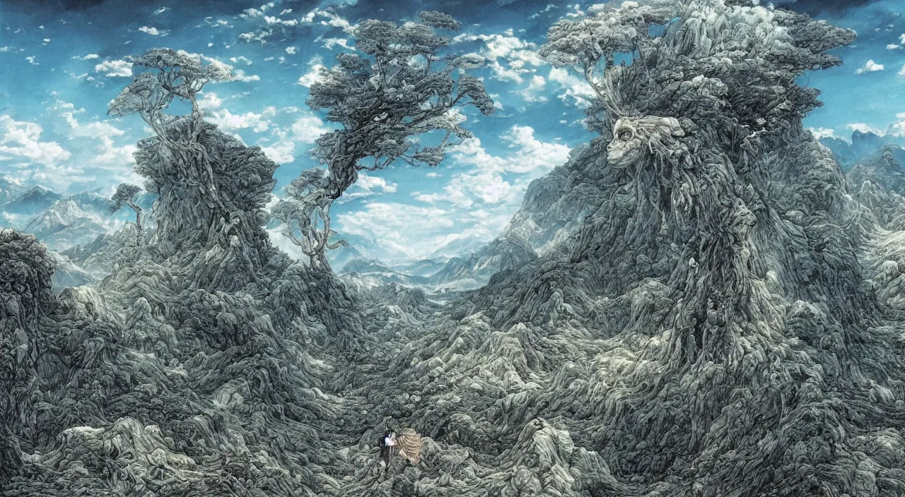 Prompt: A beautiful landscape painting of dystopian future in the mountains by junji ito and Yoshitaka Amano and jean-honore fragonard