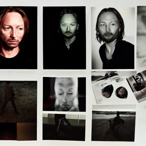 Image similar to photograph of prints of random thom yorke pictures on a table, hyper realistic, many very random variations of thom yorke, various emotions, various poses, high quality photographs, mixed styles, intricate details, diverse