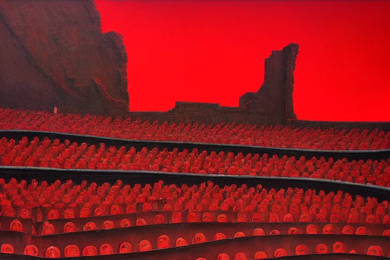 Image similar to only with red, a red great emperor, taormina amphitheatre, expressive crowd with big smile, in the style of beksinski, parts by edward hopper, parts by rodcenko, parts by yue minjun, intricate and epic composition, red by caravaggio, insanely quality, highly detailed, masterpiece, red light, artstation, 4 k