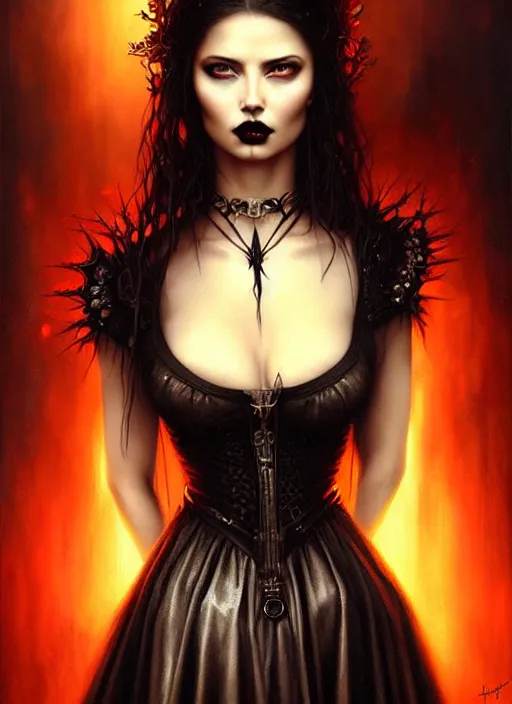 Prompt: a beautiful woman with gothic dress, adriana lima, painted by artgerm and tom bagshaw, by rembrandt fantasy art, dramatic lighting, highly detailed oil painting