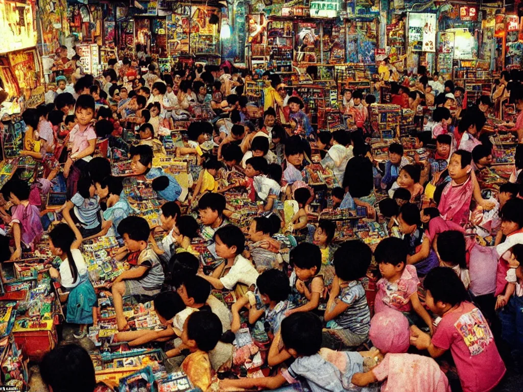 Image similar to 1 9 8 8 photo of : in the narrow cramped dense “ kowloon walled city ”, children are playing colorful video games in a crowded arcade. the room is full of industrial machinery, and is tattered and dirty. full - color professional journalistic photography from “ time ” magazine.