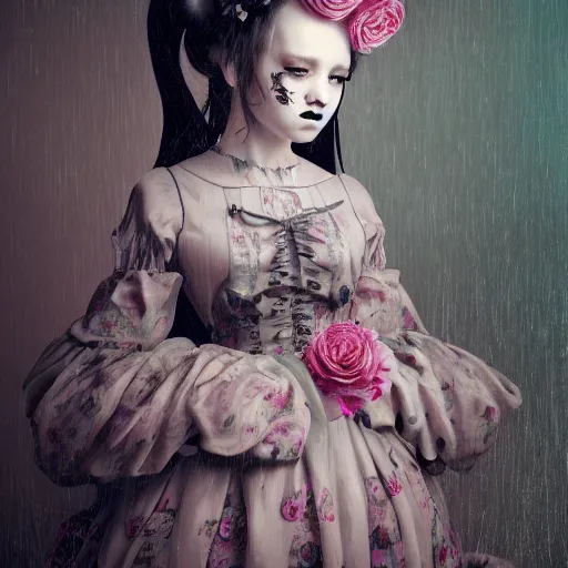 Image similar to 8 k, octane render, realism, tonalism, renaissance, rococo, baroque, cotton candy, portrait of a creepy young lady wearing long - harajuku manga - dress with flowers and skulls