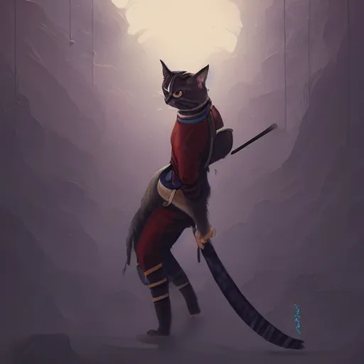 Image similar to cat as a samurai, background dark, highly detailed, digital illustration, trending in artstation, modern painting, smooth, sharp focus, intricate, by peter mohrbacher