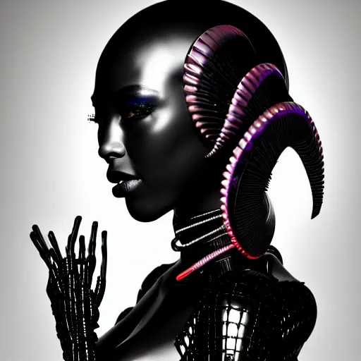 Image similar to portrait of an absurdly beautiful, graceful, sophisticated, fashionable black cyberpunk mechanoid gravure idol, hyperdetailed illustration by irakli nadar, adut akech, matt wisniewski style, intricate linework, dark black porcelain skin, jellyfish headdress, unreal engine 5 highly rendered, global illumination, red light, detailed and intricate environment