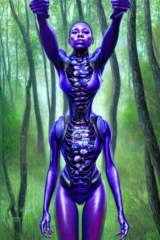 Prompt: hyperrealistic post - raphaelite super expressive! black woman with exoskeleton armor, merging with tree in a forest, highly detailed digital art masterpiece smooth cam de leon eric zener dramatic pearlescent blue purple light ground angle hd 8 k sharp focus