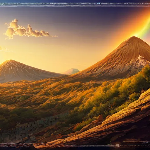 Prompt: a detailed matte painting of noah's ark, double rainbow in a clear blue sky, mount ararat far away in the background, art by dan mumford and yusuke murata and makoto shinkai and ross tran, cosmic, heavenly, god rays, intricate detail, cinematic, 8 k, cel shaded, unreal engine, featured on artstation, pixiv