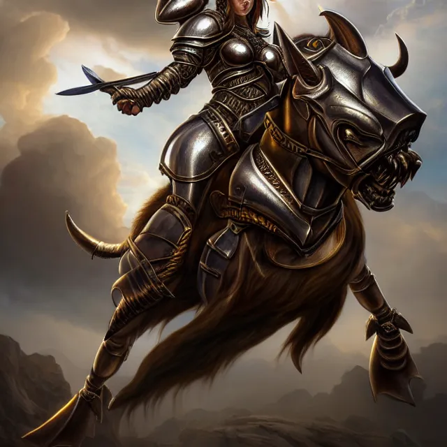 Prompt: armoured minotaur warrior artgerm anne stokes highly detailed 8 k hdr smooth sharp focus high resolution award - winning photo photorealistic