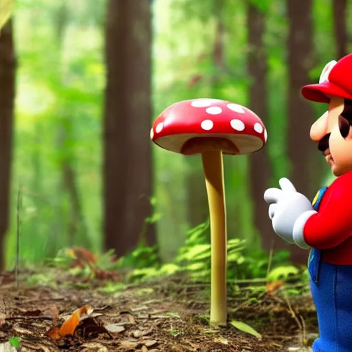 Image similar to real life photograph of Super Mario in the woods, discovering a bright red and white mushroom, his face is filled with extreme surprise, 4K award winning photography