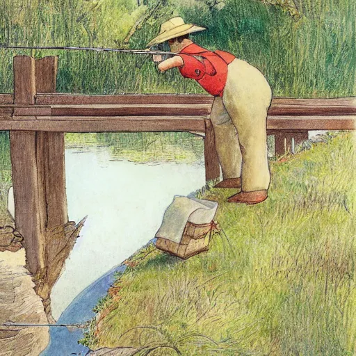 Prompt: a rabbit fishing by a bridge in the style of Carl Larsson