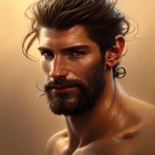 Image similar to portrait of a ruggedly handsome paladin, soft hair, muscular, half body, leather, hairy, d & d, fantasy, intricate, elegant, highly detailed, digital painting, artstation, concept art, smooth, sharp focus, illustration, art by artgerm and greg rutkowski and alphonse mucha