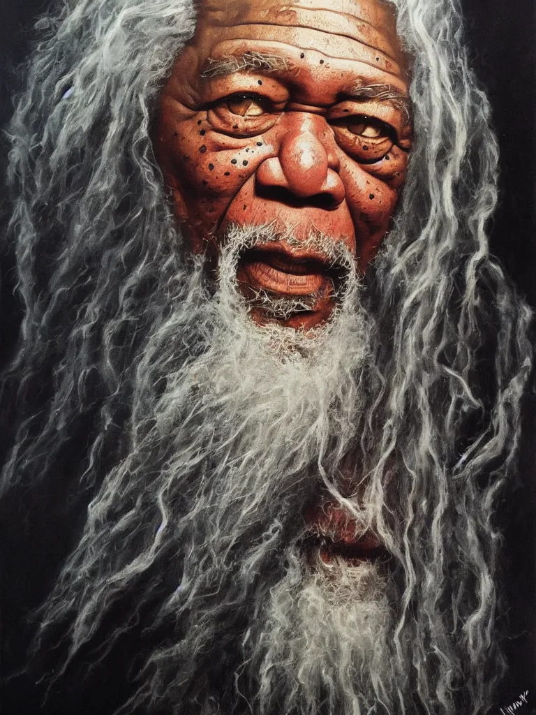 Image similar to morgan freeman starring as gandalf in lord of the rings, epic dark fantasy horror stylized oil painting by ivan shiskin. trending on artstation