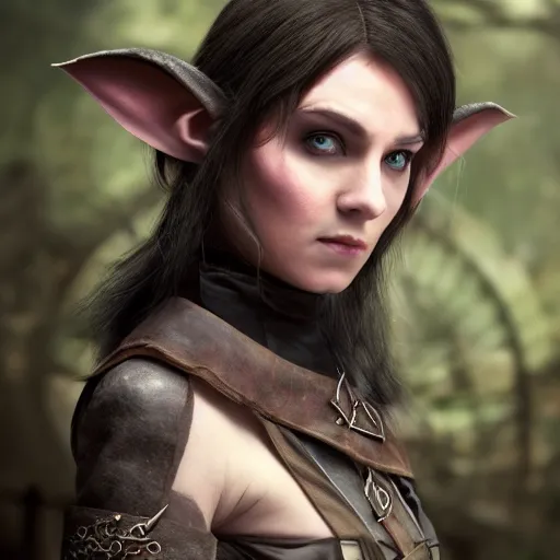 Image similar to anya charlota as a medieval fantasy tolkien elf, dark purplish hair tucked behind ears, wearing leather with a fur lined collar, wide, muscular build, scar across the nose, one black, scaled arm, cinematic, character art, digital art, realistic. 8 k, detailed.