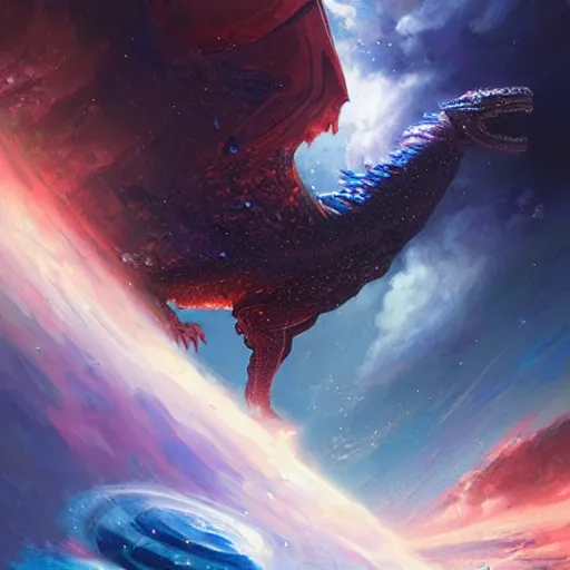 Image similar to prompt blue crystalline European dragon devouring a planet, space, planets, moons, sun system, nebula, oil painting, by Fernanda Suarez and and Edgar Maxence and greg rutkowski