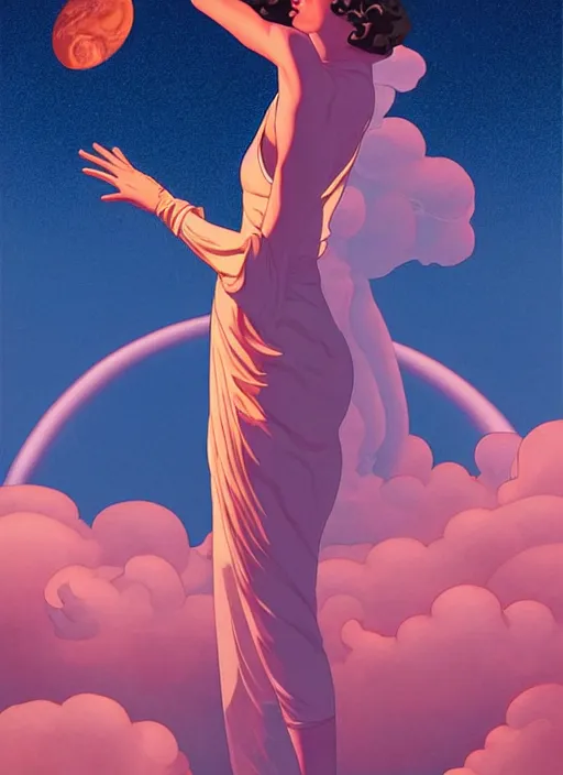 Image similar to poster artwork by michael whelan and tomer hanuka, portrait of beautiful sensual dancer in the clouds of jupiter, clean, art deco