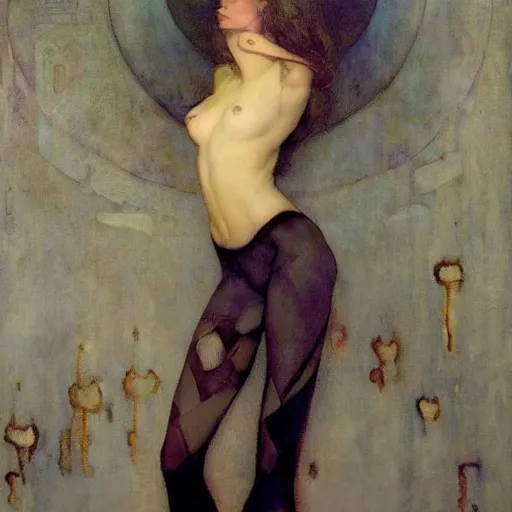 Prompt: masterpiece full body portrait of a beautiful woman with a perfect body wearing silk slip in a dungeon setting, by Edgar Maxence and Ross Tran and Michael Whelan and Gustav Klimpt