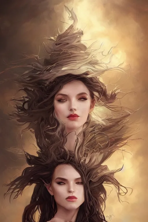 Image similar to a seductive beautiful witch, with a perfect face!!! wind blowing hair and floating, bust portrait, tribal mask and jewelry, dnd, face, fantasy, intricate, elegant, highly detailed, digital painting, artstation, concept art, smooth, sharp focus, illustration, art by artgerm and greg rutkowski and alphonse mucha