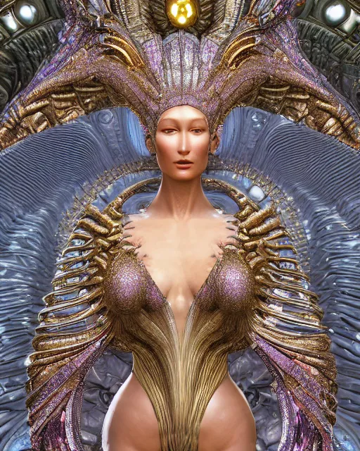 Image similar to a highly detailed metahuman 4 k close up render of an alien goddess bella hadid monument renaissance in iris van herpen dress schiaparelli in diamonds crystals swarovski and jewelry iridescent in style of alphonse mucha gustav klimt trending on artstation made in unreal engine 4