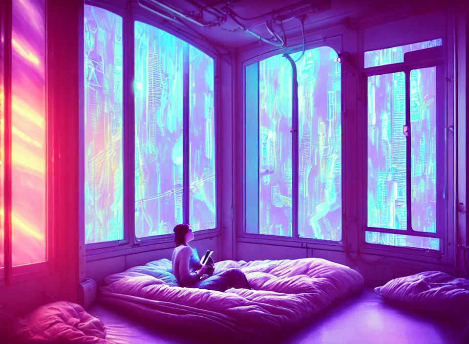 Image similar to telephoto photograph depicting the experience of acceptance in a cosy cluttered french sci - fi ( art nouveau ) cyberpunk apartment in a pastel dreamstate art cinema style. ( iridescent terrarium!, computer screens, window ( city ), leds, lamp, ( ( ( terrarium bed ) ) ) ), ambient light.