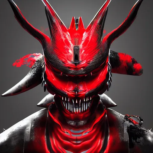 Prompt: a vivid portrait of a predator samurai, trending on artstation, scary, intimidating, dark, unreal engine, studio lighting, black and red color scheme