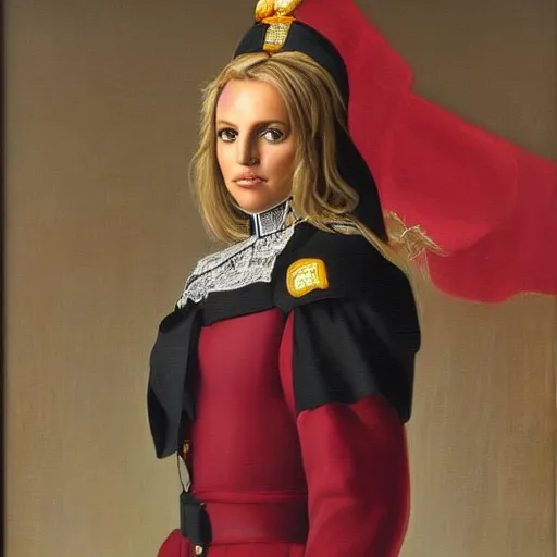 Prompt: portrait of britney spears wearing a swiss guard uniform, oil on canvas, 8 k, very detailed, very intricate,