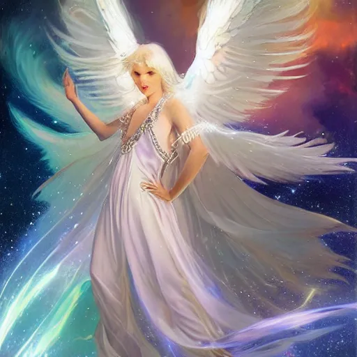 Image similar to harmony of twirly white haired angel yoongi wearing sparkly shiny greek clothes, muted colors, nebula background, neon sparkles everywhere, big wings, dynamic hair movement, + + + + dynamic pose, holographic space, glowing effect, j. c leyendecker, by alan lee, wlop! illustrated by starember, fantasy art by craig mullins